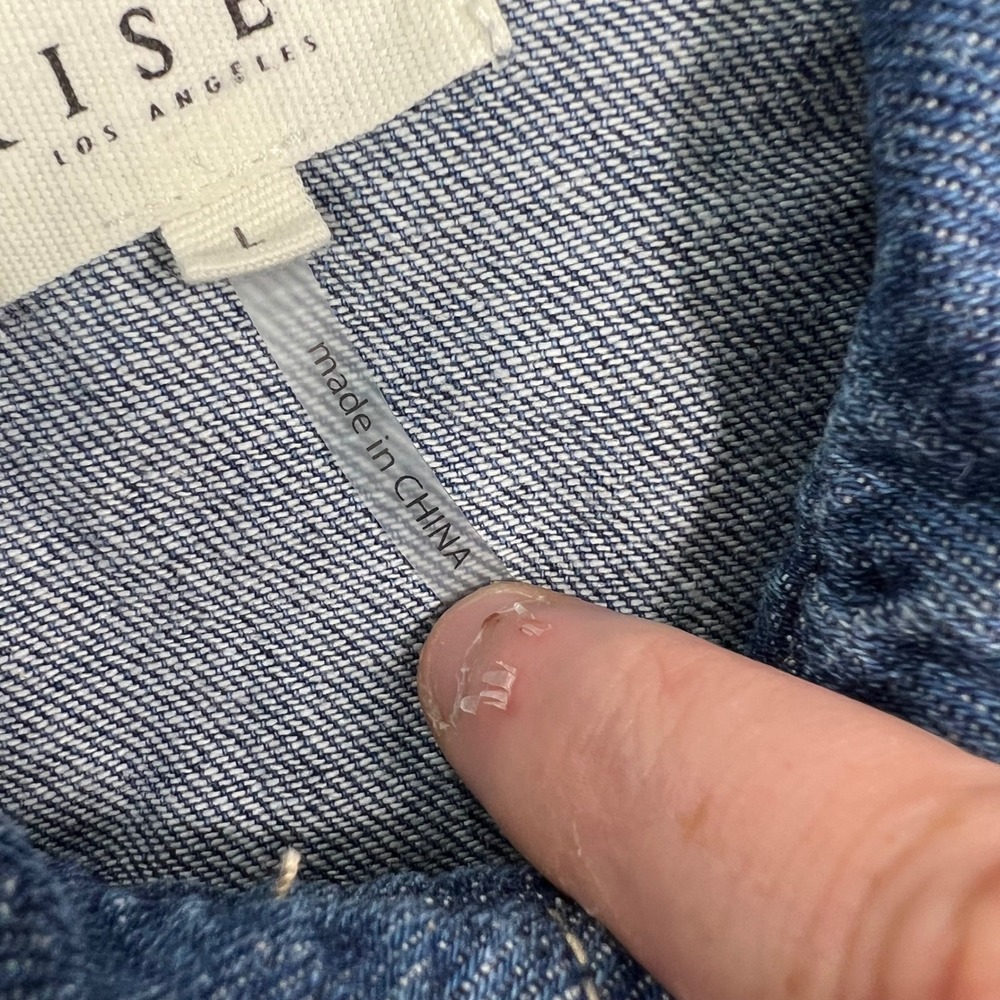 Risen Denim Pearl Snap Shirt Women Large Blue Two Tone Long Sleeve Puff Shoulder - Picture 6 of 10